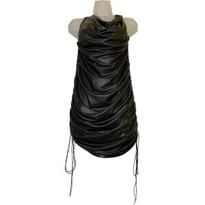 Fashion Nova XL Black Ruched Faux Leather Halter Dress With Adjustable Drawstrin